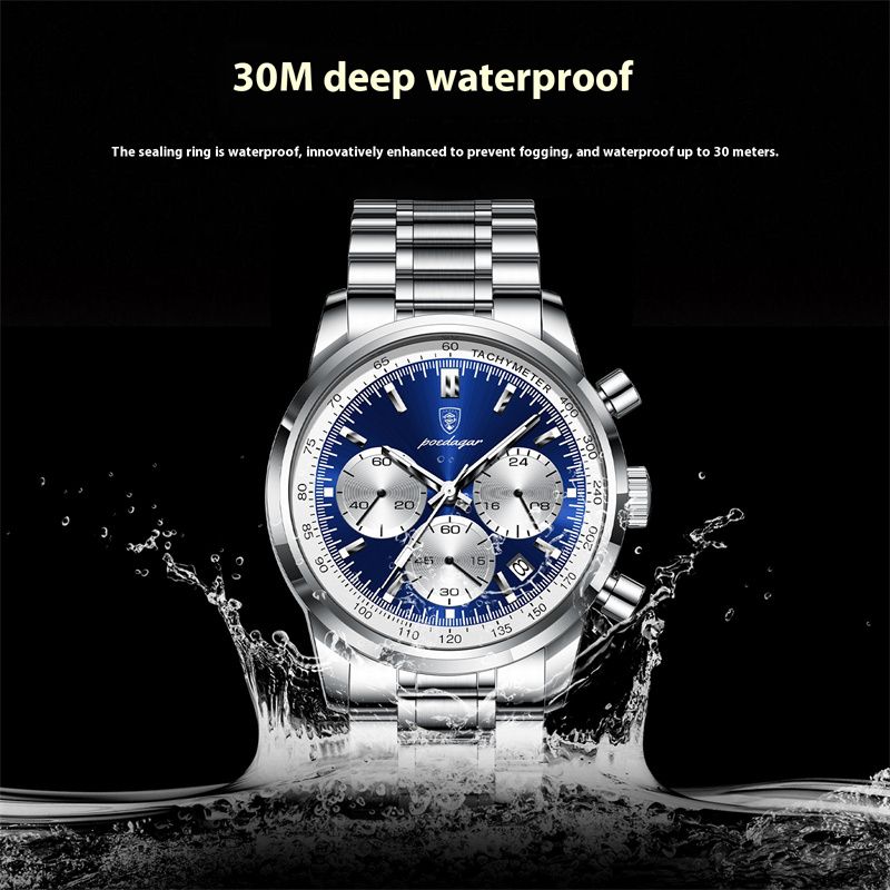 POEDAGAR Men's Quartz Watch Multifunctional Chronograph with Green Dial Luminous Waterproof Stainless Steel Strap Calendar Business Casual Wristwatch for Elite Gentlemen