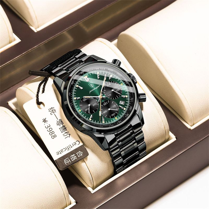 POEDAGAR Men's Quartz Watch Multifunctional Chronograph with Green Dial Luminous Waterproof Stainless Steel Strap Calendar Business Casual Wristwatch for Elite Gentlemen
