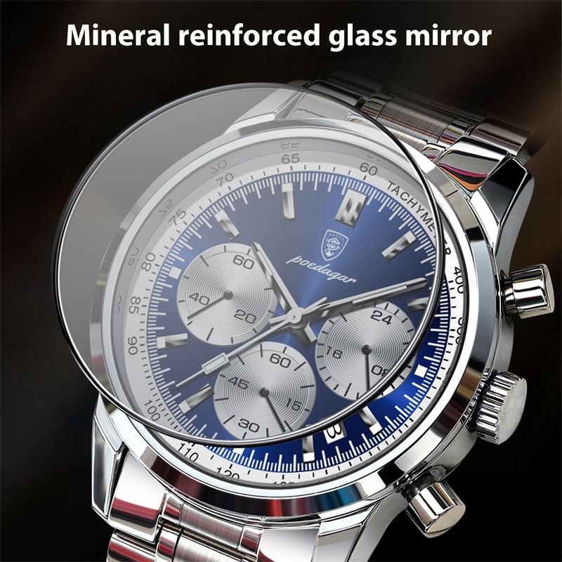 POEDAGAR Men's Quartz Watch Multifunctional Chronograph with Green Dial Luminous Waterproof Stainless Steel Strap Calendar Business Casual Wristwatch for Elite Gentlemen