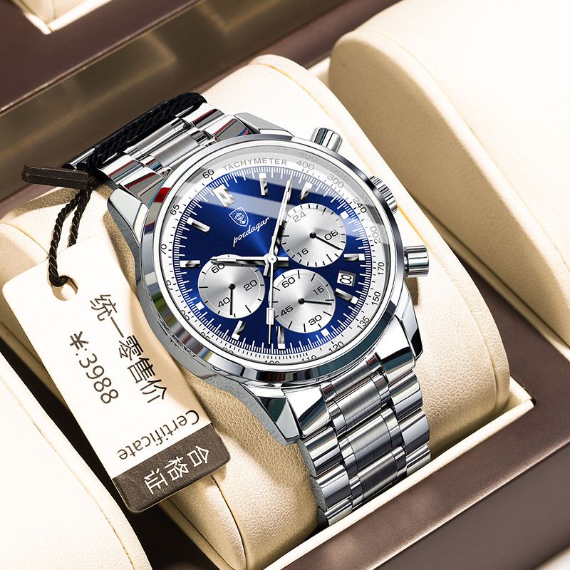 POEDAGAR Men's Quartz Watch Multifunctional Chronograph with Green Dial Luminous Waterproof Stainless Steel Strap Calendar Business Casual Wristwatch for Elite Gentlemen