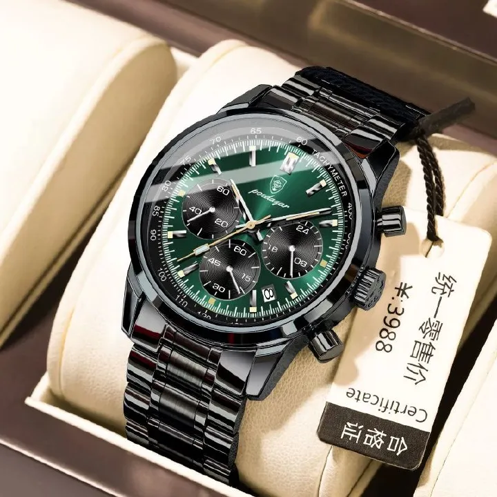 POEDAGAR Men's Quartz Watch Multifunctional Chronograph with Green Dial Luminous Waterproof Stainless Steel Strap Calendar Business Casual Wristwatch for Elite Gentlemen