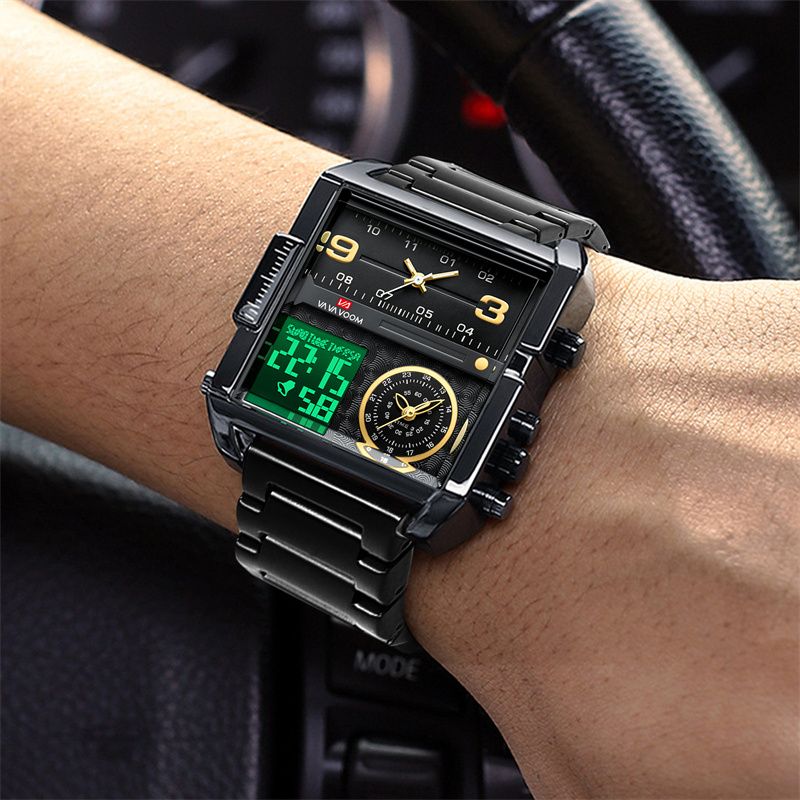 Top-Quality New Multi-Movement Quartz Electronic Watch: Square Casual & Waterproof Large Dial with Steel Band Calendar Luminous Chronograph & Alarm – Multi-Functional Stylish Sports Watch