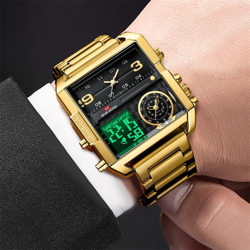 Top-Quality New Multi-Movement Quartz Electronic Watch: Square Casual & Waterproof Large Dial with Steel Band Calendar Luminous Chronograph & Alarm – Multi-Functional Stylish Sports Watch