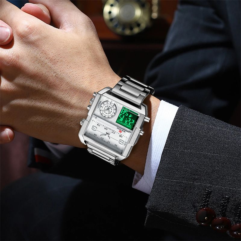 Top-Quality New Multi-Movement Quartz Electronic Watch: Square Casual & Waterproof Large Dial with Steel Band Calendar Luminous Chronograph & Alarm – Multi-Functional Stylish Sports Watch
