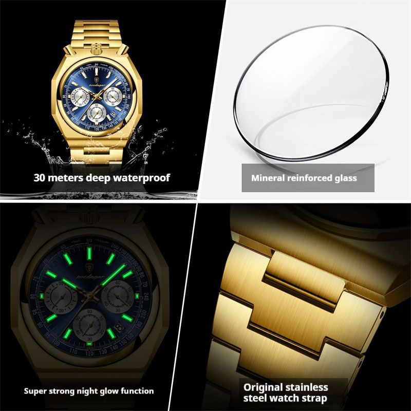 POEDAGAR Swiss Brand Top Quality Vintage-Style Men's Watch: New Model with Calendar Steel Strap Waterproof Luminous Quartz Wristwatch High-Quality Multifunctional Chronograph