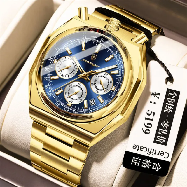 POEDAGAR Swiss Brand Top Quality Vintage-Style Men's Watch: New Model with Calendar Steel Strap Waterproof Luminous Quartz Wristwatch High-Quality Multifunctional Chronograph
