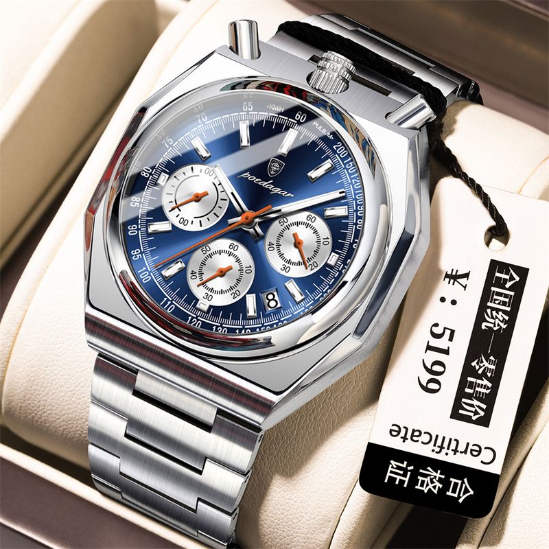 POEDAGAR Swiss Brand Top Quality Vintage-Style Men's Watch: New Model with Calendar Steel Strap Waterproof Luminous Quartz Wristwatch High-Quality Multifunctional Chronograph