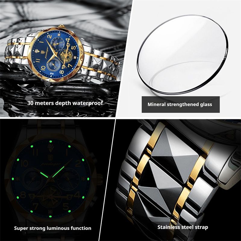 POEDAGAR Swiss Elite Men's Quartz Watch: Skeleton Tourbillon, Engraved Design, Chronograph, Luminous, Waterproof Luxury Timepiece