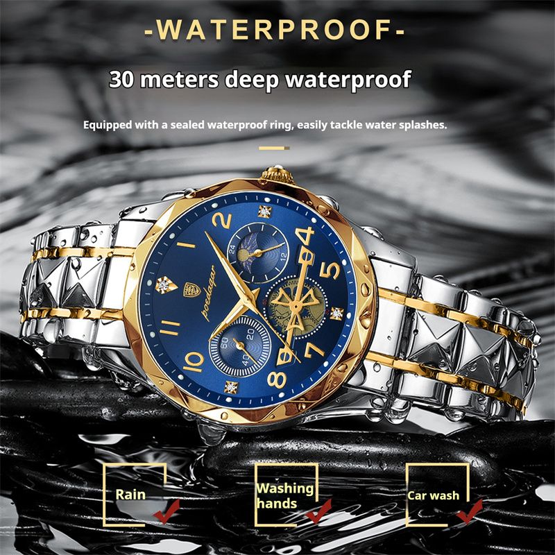 POEDAGAR Swiss Elite Men's Quartz Watch: Skeleton Tourbillon, Engraved Design, Chronograph, Luminous, Waterproof Luxury Timepiece