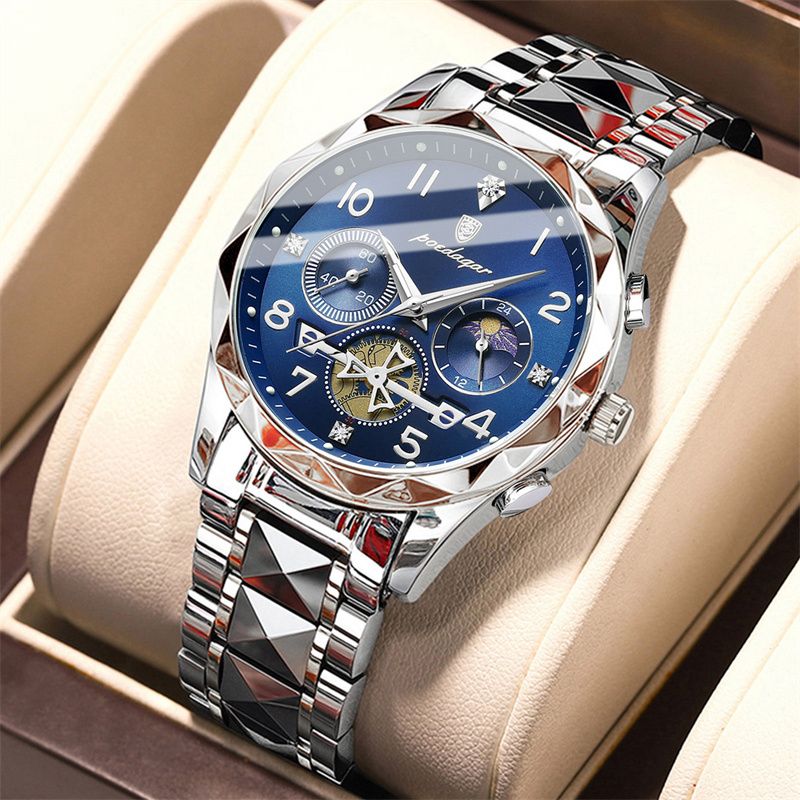 POEDAGAR Swiss Elite Men's Quartz Watch: Skeleton Tourbillon, Engraved Design, Chronograph, Luminous, Waterproof Luxury Timepiece