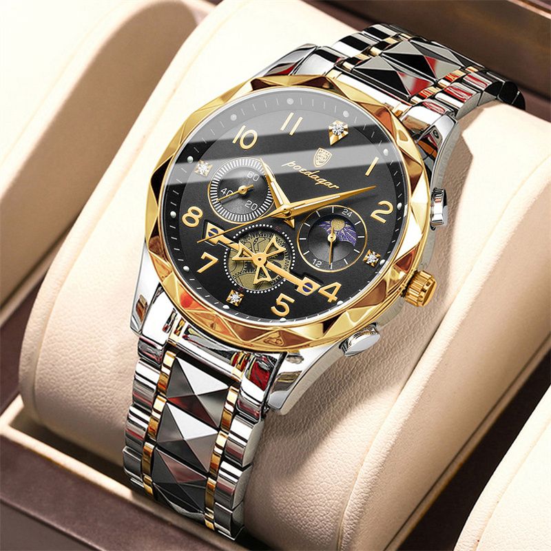 POEDAGAR Swiss Elite Men's Quartz Watch: Skeleton Tourbillon, Engraved Design, Chronograph, Luminous, Waterproof Luxury Timepiece
