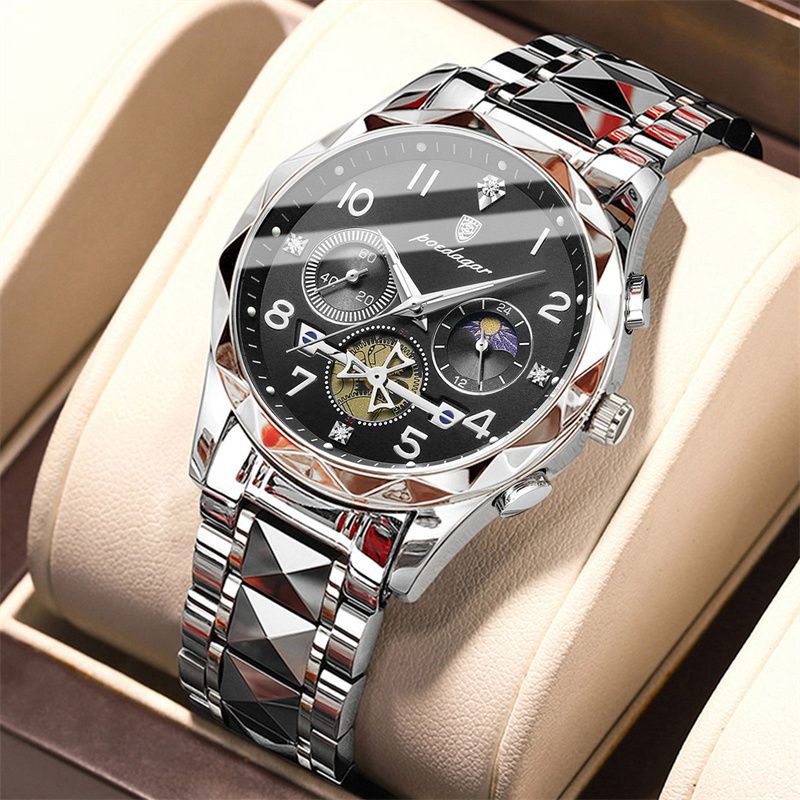 POEDAGAR Swiss Elite Men's Quartz Watch: Skeleton Tourbillon, Engraved Design, Chronograph, Luminous, Waterproof Luxury Timepiece