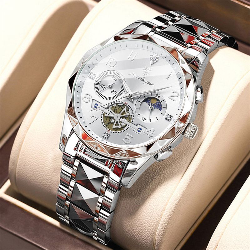 POEDAGAR Swiss Elite Men's Quartz Watch: Skeleton Tourbillon, Engraved Design, Chronograph, Luminous, Waterproof Luxury Timepiece