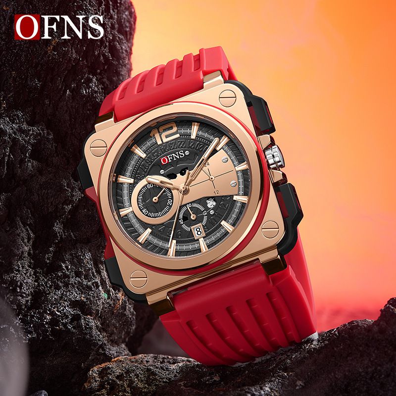 OFNS Top Quality Men's Watch - Minimalist Stylish Six-Hand Quartz Watch Square Case with Baton Indices Chronograph Calendar Waterproof Wristwatch