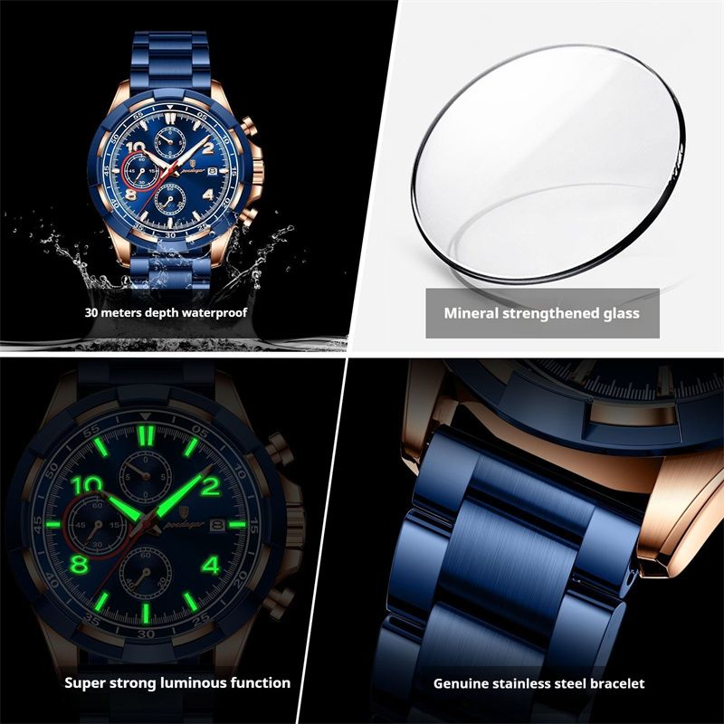 POEDAGAR New Top Luxury Men's Watch Stainless Steel Waterproof Luminous Calendar Quartz Wristwatch Fashion Multi Functional Business Casual Chronograph