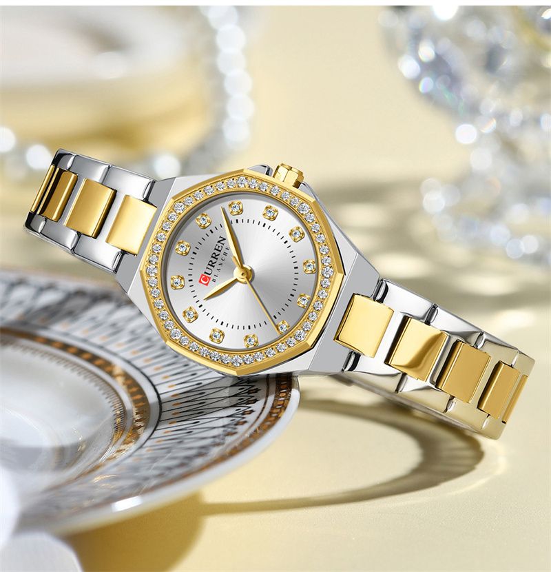 CURREN High-End Women's Wristwatch Fashion Luxury Polygonal Diamond Embellished Waterproof Stainless Steel Band Quartz Watch Premium Business Casual Versatile Trend Accessory