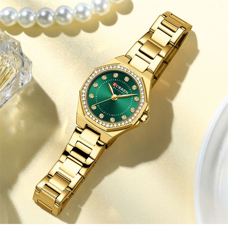 CURREN High-End Women's Wristwatch Fashion Luxury Polygonal Diamond Embellished Waterproof Stainless Steel Band Quartz Watch Premium Business Casual Versatile Trend Accessory