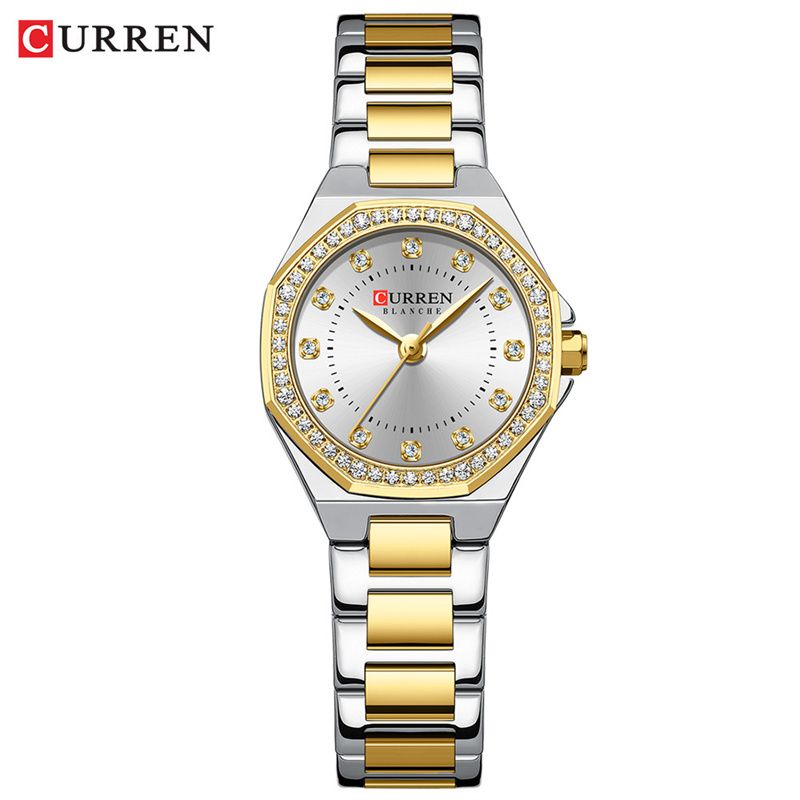 CURREN High-End Women's Wristwatch Fashion Luxury Polygonal Diamond Embellished Waterproof Stainless Steel Band Quartz Watch Premium Business Casual Versatile Trend Accessory