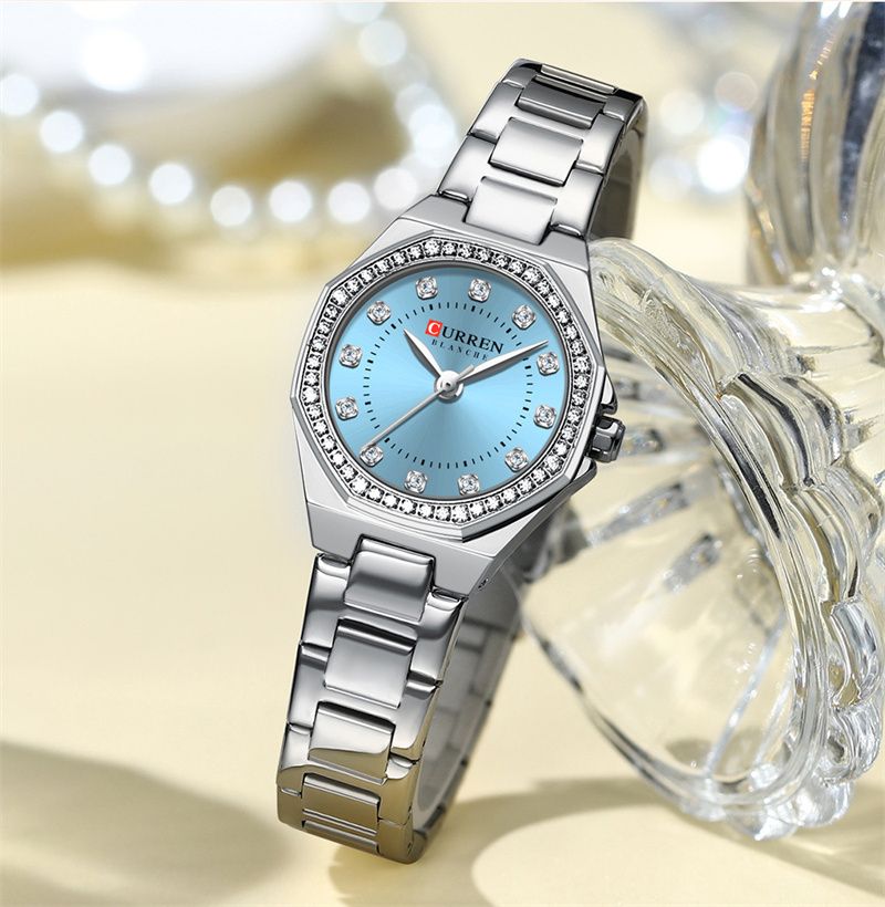 CURREN High-End Women's Wristwatch Fashion Luxury Polygonal Diamond Embellished Waterproof Stainless Steel Band Quartz Watch Premium Business Casual Versatile Trend Accessory