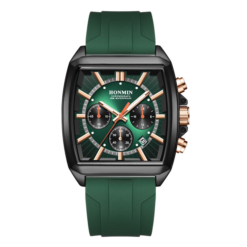 New Square Men's Watch 6 Hand Chronograph Multi Function Waterproof Calendar Luminous Quartz Watch Comfortable Silicone Strap Casual Sports Watch