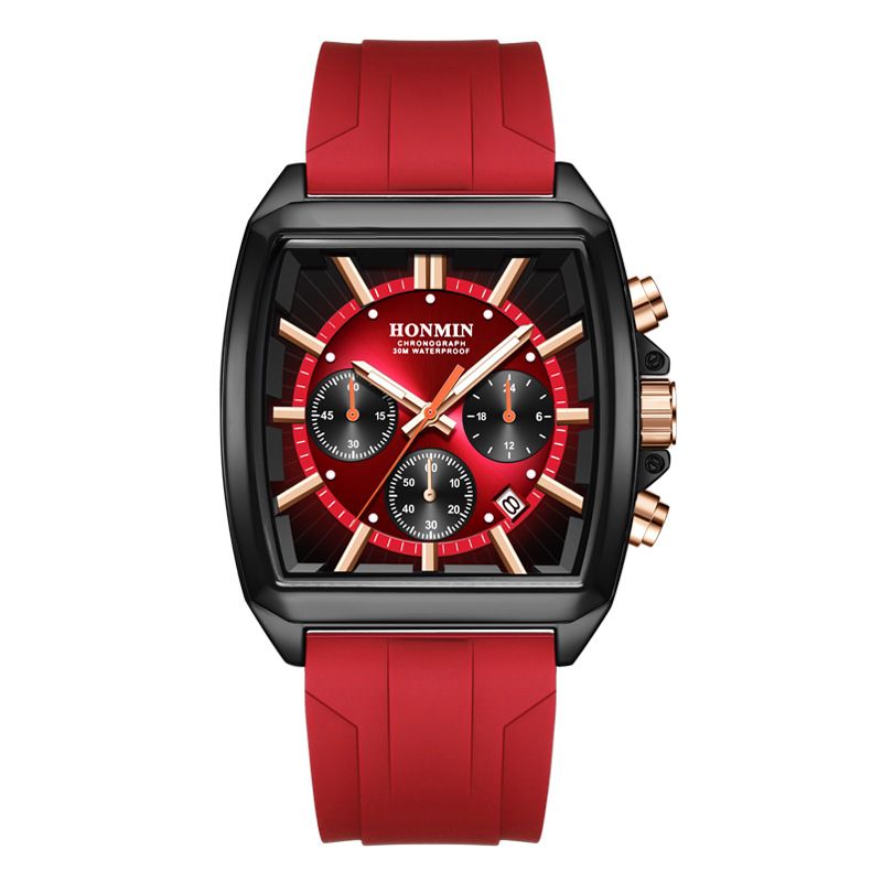 New Square Men's Watch 6 Hand Chronograph Multi Function Waterproof Calendar Luminous Quartz Watch Comfortable Silicone Strap Casual Sports Watch