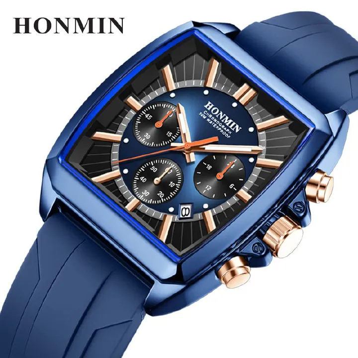 New Square Men's Watch 6 Hand Chronograph Multi Function Waterproof Calendar Luminous Quartz Watch Comfortable Silicone Strap Casual Sports Watch