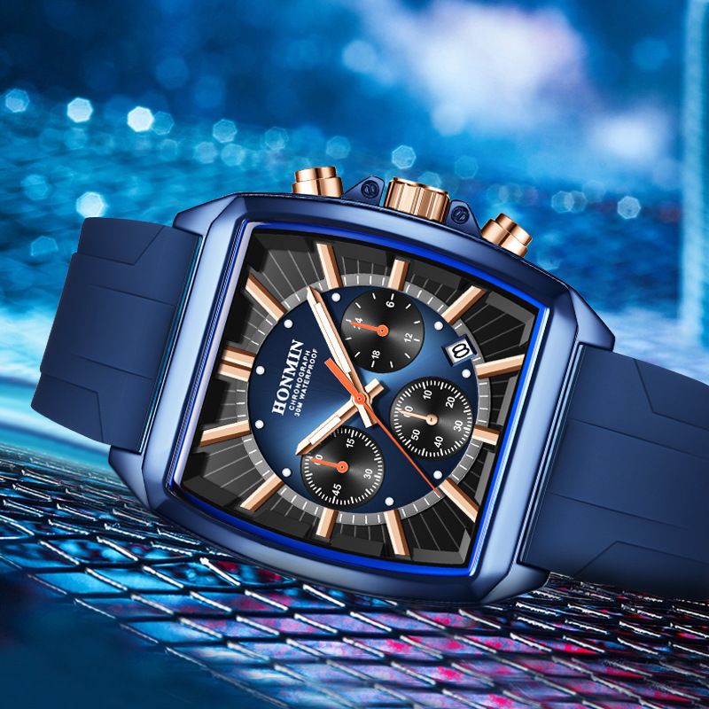 New Square Men's Watch 6 Hand Chronograph Multi Function Waterproof Calendar Luminous Quartz Watch Comfortable Silicone Strap Casual Sports Watch