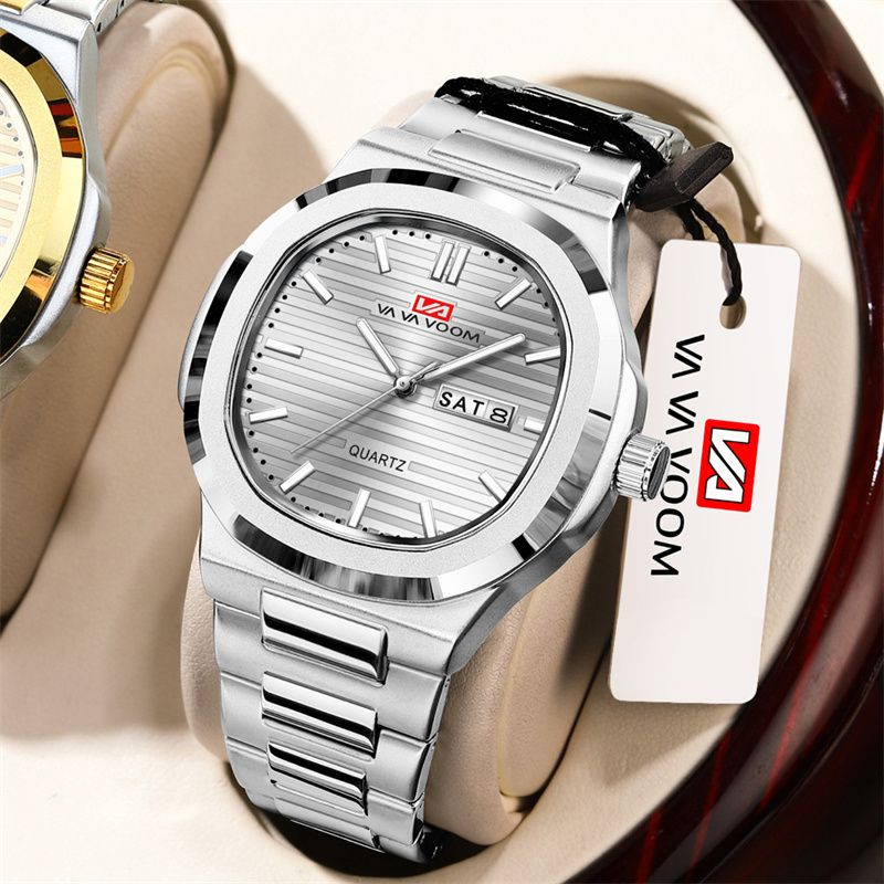 New High-End Business Men's Watch Luxury Stainless Steel Band Waterproof Dual Calendar Quartz Watch Unique Round Gradient Texture Dial Elegant Gentleman's Wristwatch