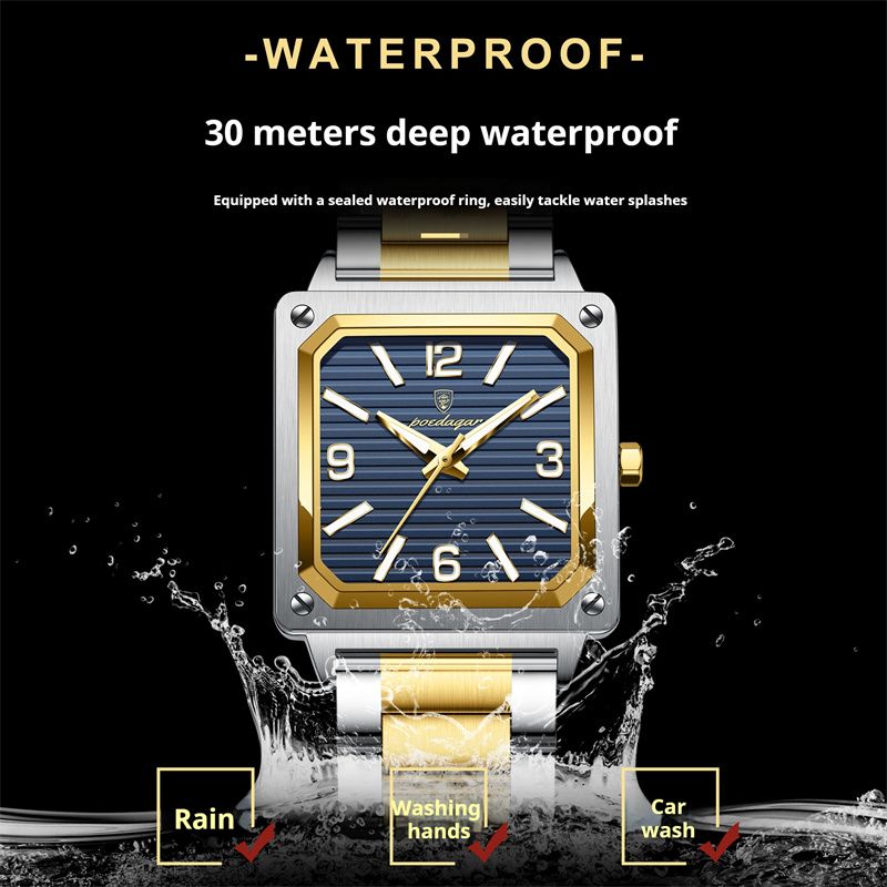 POEDAGAR New Design Luxury Swiss Men's Retro Square Quartz Watch Two-Tone Stainless Steel Waterproof Luminous Dial Rust Resistant Stylish Business Casual Wristwatch for African Modern Gentlemen