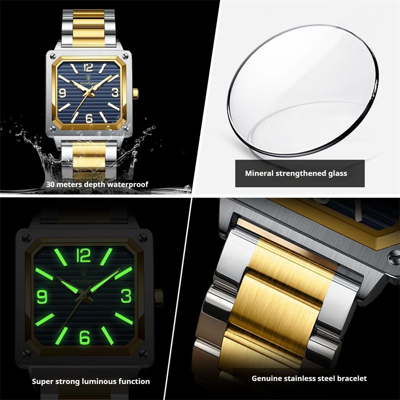 POEDAGAR New Design Luxury Swiss Men's Retro Square Quartz Watch Two-Tone Stainless Steel Waterproof Luminous Dial Rust Resistant Stylish Business Casual Wristwatch for African Modern Gentlemen