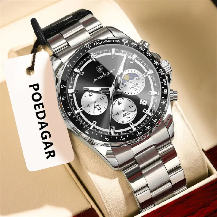 POEDAGAR Swiss New Men's Luxury Quartz Watch Stainless Steel Strap Tachymeter Bezel Multifunctional Chronograph Moon Phase Luminous Waterproof Wristwatch Versatile for Business Casual Sports Wear