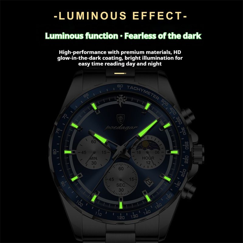 POEDAGAR Swiss New Men's Luxury Quartz Watch Stainless Steel Strap Tachymeter Bezel Multifunctional Chronograph Moon Phase Luminous Waterproof Wristwatch Versatile for Business Casual Sports Wear