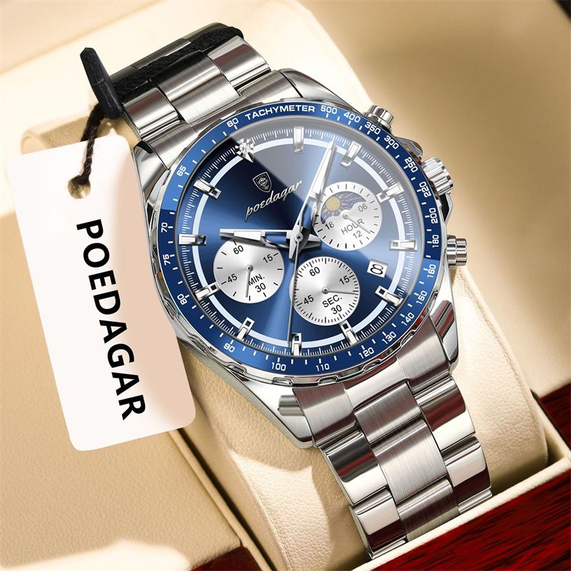 POEDAGAR Swiss New Men's Luxury Quartz Watch Stainless Steel Strap Tachymeter Bezel Multifunctional Chronograph Moon Phase Luminous Waterproof Wristwatch Versatile for Business Casual Sports Wear