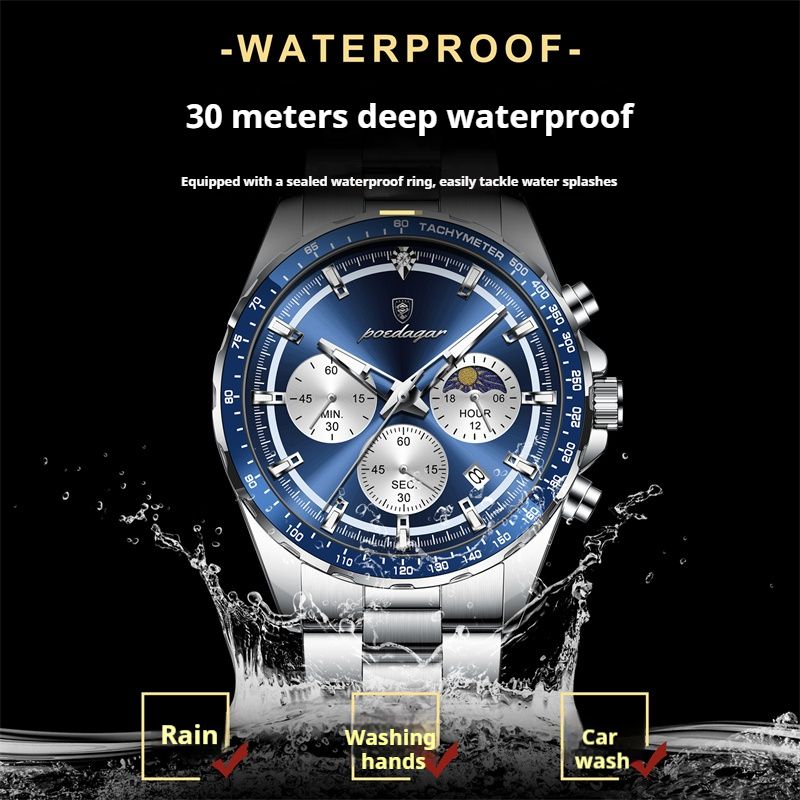 POEDAGAR Swiss New Men's Luxury Quartz Watch Stainless Steel Strap Tachymeter Bezel Multifunctional Chronograph Moon Phase Luminous Waterproof Wristwatch Versatile for Business Casual Sports Wear