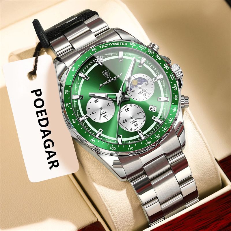 POEDAGAR Swiss New Men's Luxury Quartz Watch Stainless Steel Strap Tachymeter Bezel Multifunctional Chronograph Moon Phase Luminous Waterproof Wristwatch Versatile for Business Casual Sports Wear