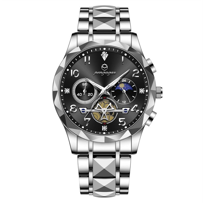 Swiss-Style Men's Multi-Function Quartz Watch Waterproof Luminous Chronograph Watch with Stainless Steel Band & Tourbillon Ornate Dial Stylish Business Daily Casual Wristwatch for Formal Occasions