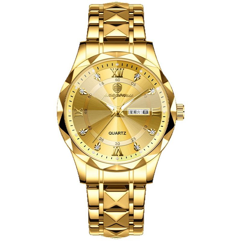 Premium Swiss Brand Men's Watch Luxury Diamond-Cut Stainless Steel Strap Waterproof Luminous Dual Calendar Quartz Wristwatch Men's Business Casual Versatile High-End Fashion Accessory