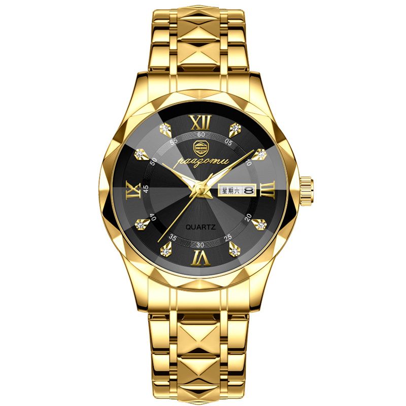 Premium Swiss Brand Men's Watch Luxury Diamond-Cut Stainless Steel Strap Waterproof Luminous Dual Calendar Quartz Wristwatch Men's Business Casual Versatile High-End Fashion Accessory