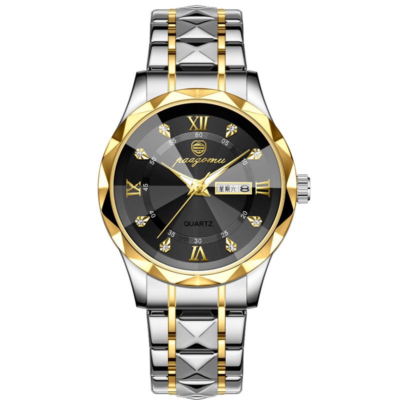 Premium Swiss Brand Men's Watch Luxury Diamond-Cut Stainless Steel Strap Waterproof Luminous Dual Calendar Quartz Wristwatch Men's Business Casual Versatile High-End Fashion Accessory