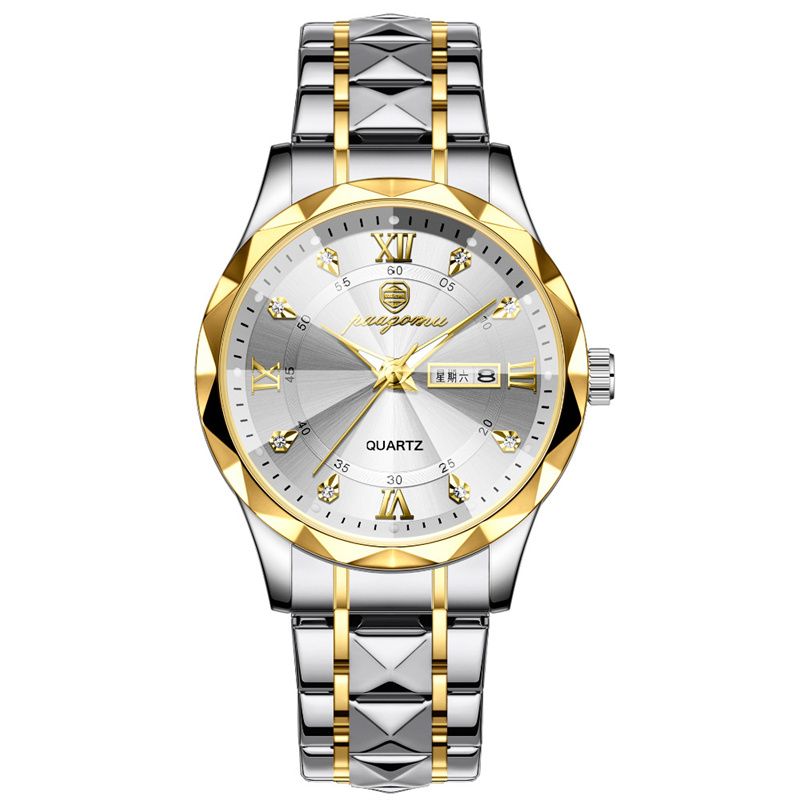 Premium Swiss Brand Men's Watch Luxury Diamond-Cut Stainless Steel Strap Waterproof Luminous Dual Calendar Quartz Wristwatch Men's Business Casual Versatile High-End Fashion Accessory