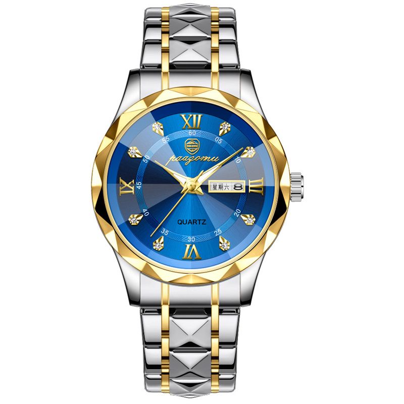 Premium Swiss Brand Men's Watch Luxury Diamond-Cut Stainless Steel Strap Waterproof Luminous Dual Calendar Quartz Wristwatch Men's Business Casual Versatile High-End Fashion Accessory