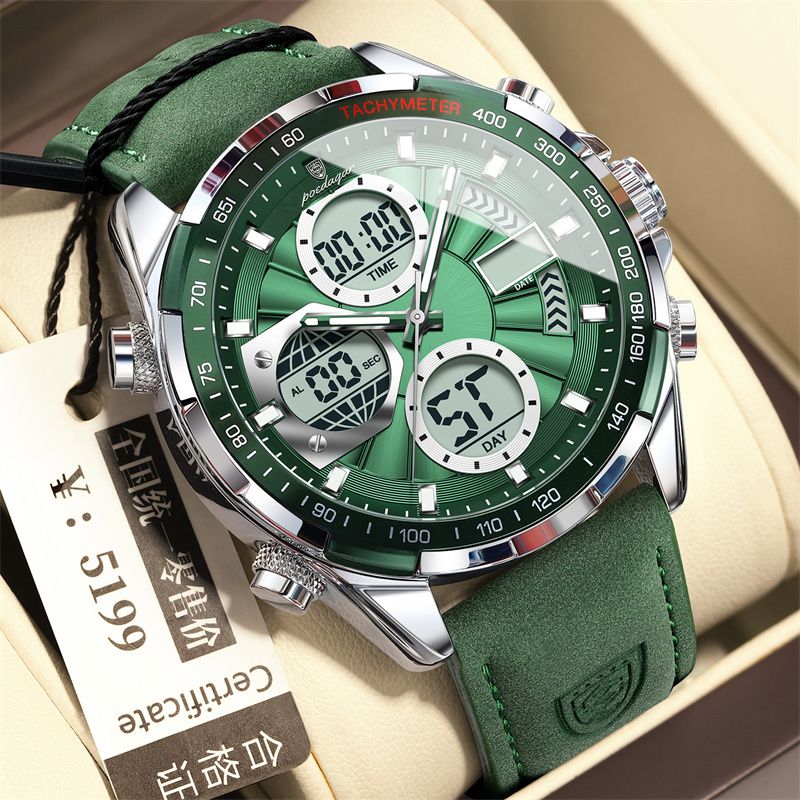 2026 New Arrival POEDAGAR Swiss-Inspired Men's Dual-Mode Watch Luminous Waterproof Leather Strap Chronograph Digital & Analog Display Business Casual Sports Wristwatch