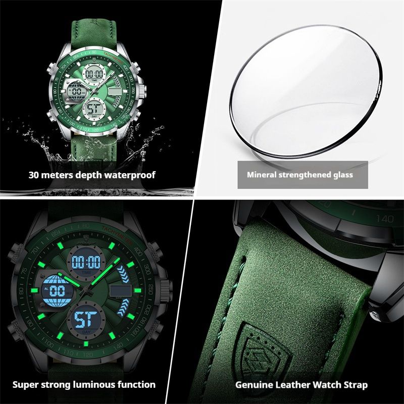2026 New Arrival POEDAGAR Swiss-Inspired Men's Dual-Mode Watch Luminous Waterproof Leather Strap Chronograph Digital & Analog Display Business Casual Sports Wristwatch