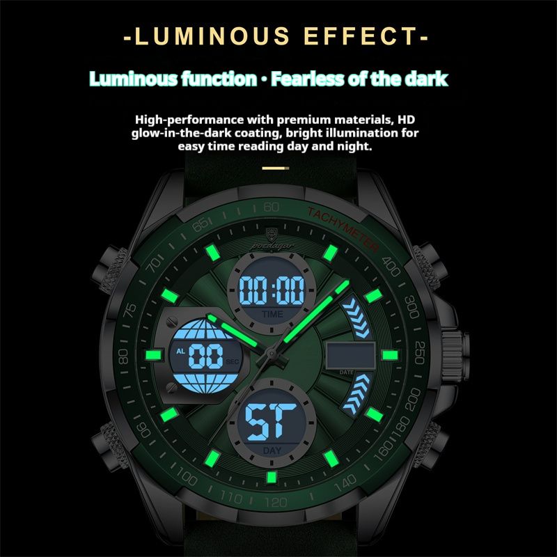 2026 New Arrival POEDAGAR Swiss-Inspired Men's Dual-Mode Watch Luminous Waterproof Leather Strap Chronograph Digital & Analog Display Business Casual Sports Wristwatch