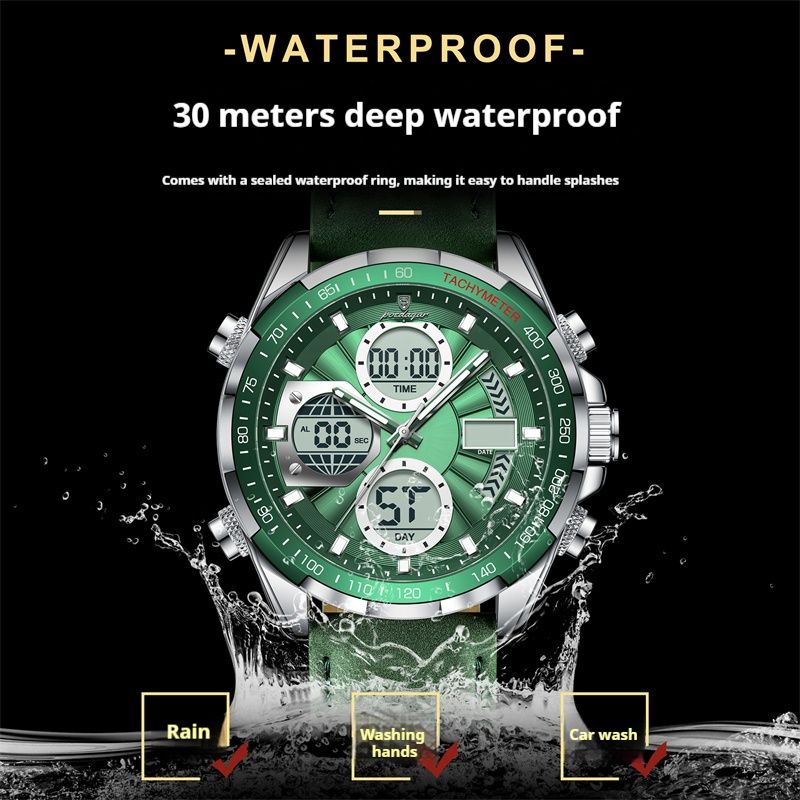 2026 New Arrival POEDAGAR Swiss-Inspired Men's Dual-Mode Watch Luminous Waterproof Leather Strap Chronograph Digital & Analog Display Business Casual Sports Wristwatch