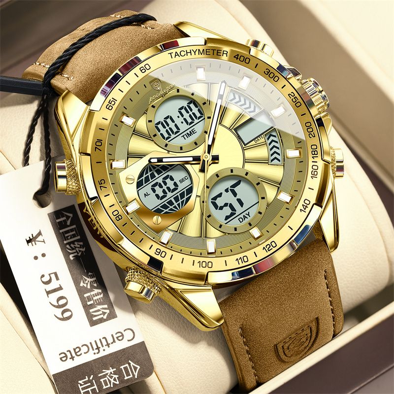 2026 New Arrival POEDAGAR Swiss-Inspired Men's Dual-Mode Watch Luminous Waterproof Leather Strap Chronograph Digital & Analog Display Business Casual Sports Wristwatch
