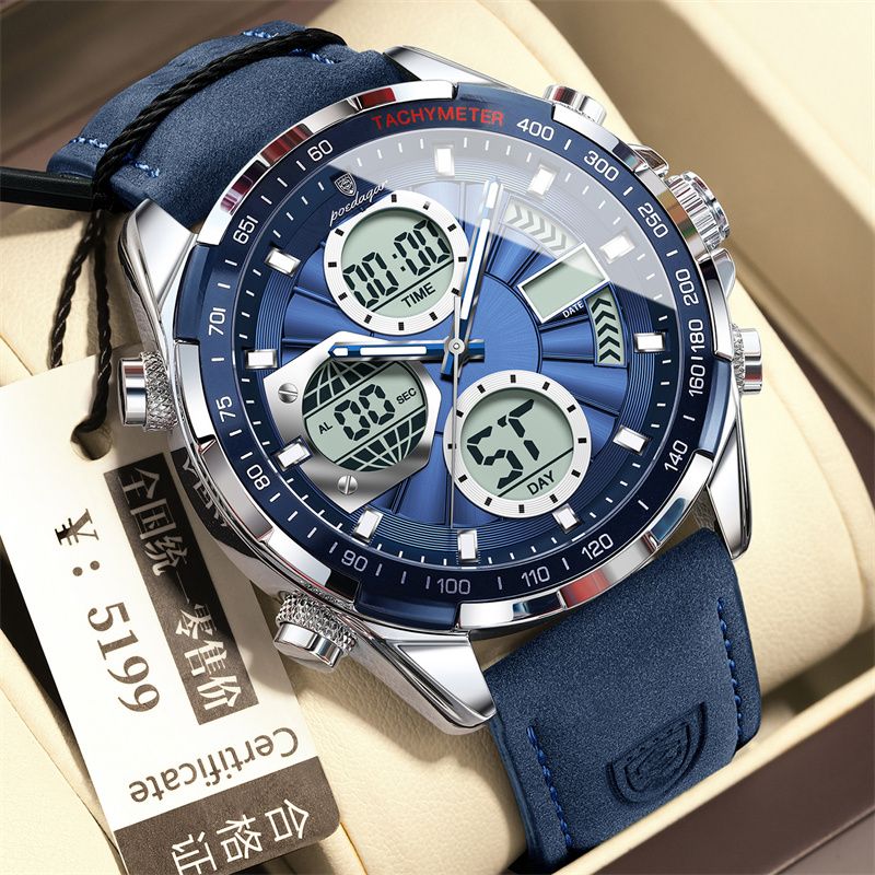 2026 New Arrival POEDAGAR Swiss-Inspired Men's Dual-Mode Watch Luminous Waterproof Leather Strap Chronograph Digital & Analog Display Business Casual Sports Wristwatch