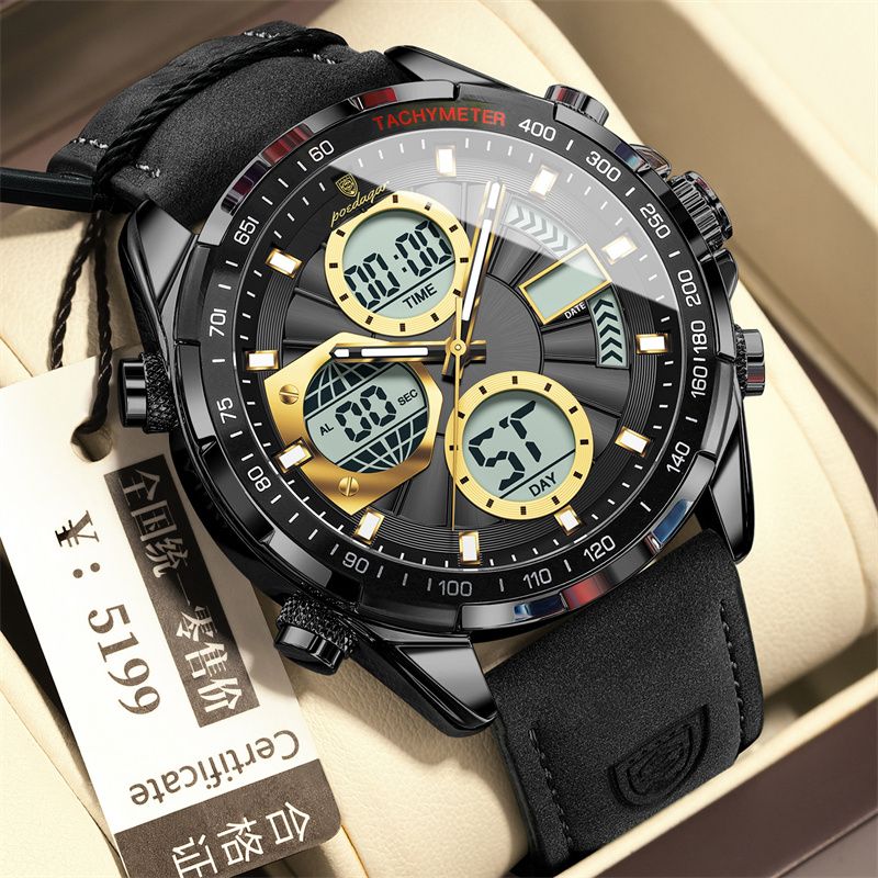2026 New Arrival POEDAGAR Swiss-Inspired Men's Dual-Mode Watch Luminous Waterproof Leather Strap Chronograph Digital & Analog Display Business Casual Sports Wristwatch