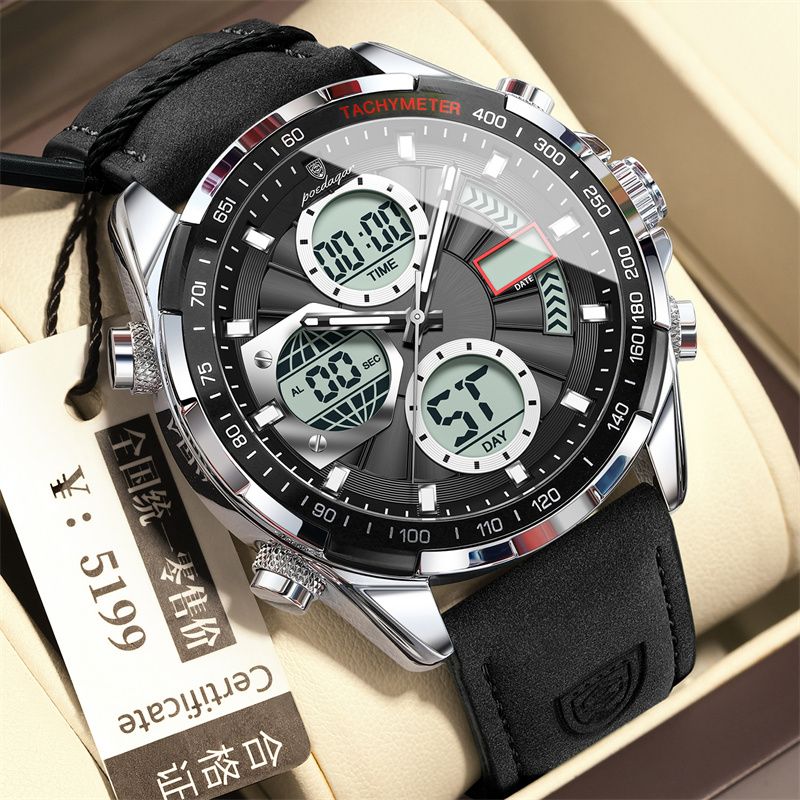 2026 New Arrival POEDAGAR Swiss-Inspired Men's Dual-Mode Watch Luminous Waterproof Leather Strap Chronograph Digital & Analog Display Business Casual Sports Wristwatch