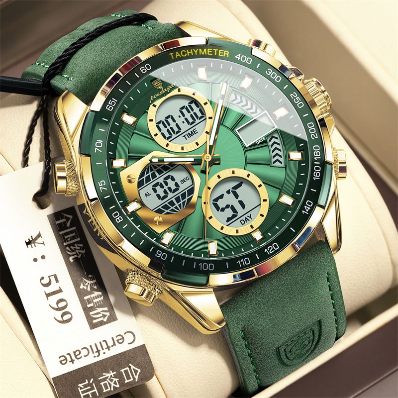 2026 New Arrival POEDAGAR Swiss-Inspired Men's Dual-Mode Watch Luminous Waterproof Leather Strap Chronograph Digital & Analog Display Business Casual Sports Wristwatch